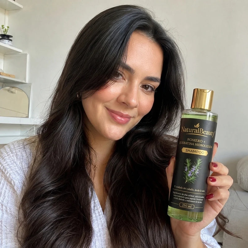 Mujer mostrando su cabello y el shampoo NaturalBeauty