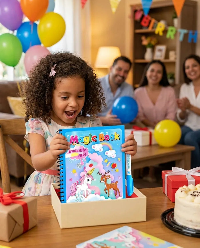 Niña recibiendo el libro de regalo