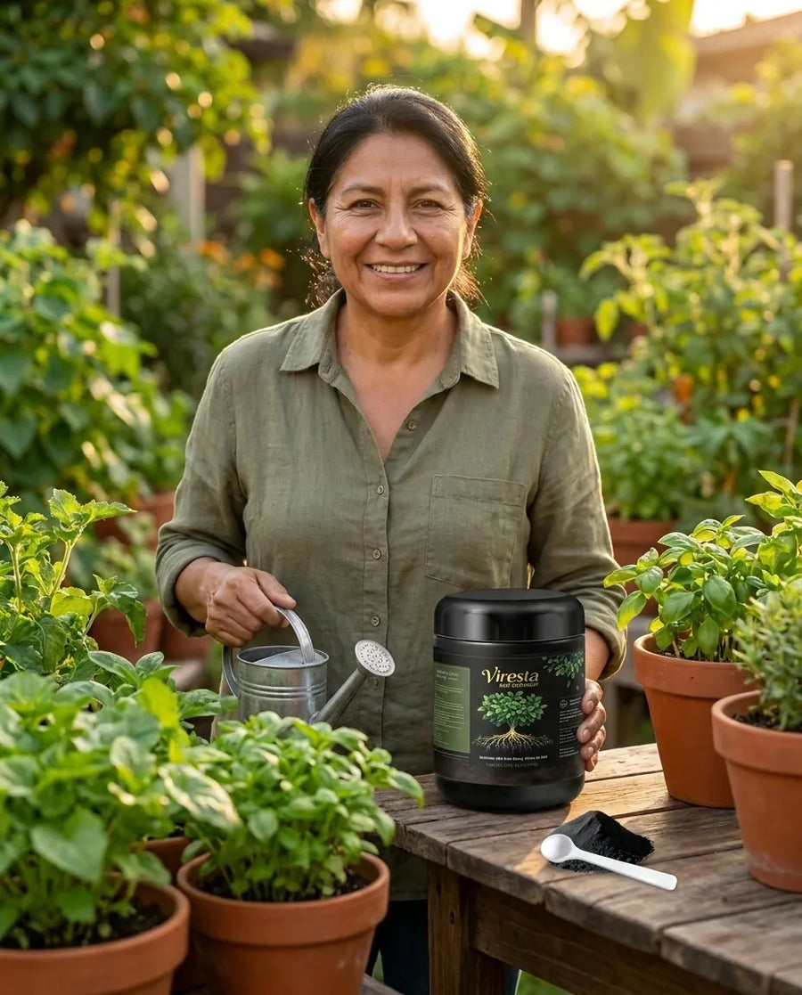 Mujer cuidando su jardín con Viresta
