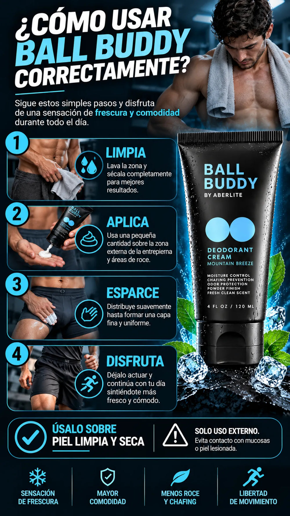 Hombre aplicando una pequeña cantidad de crema Ball Buddy en la palma de la mano