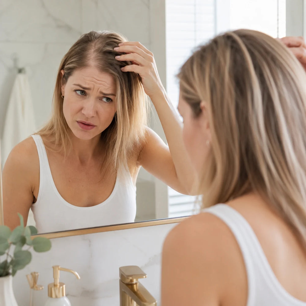 Mujer frente al espejo preocupada por la falta de densidad de su cabello