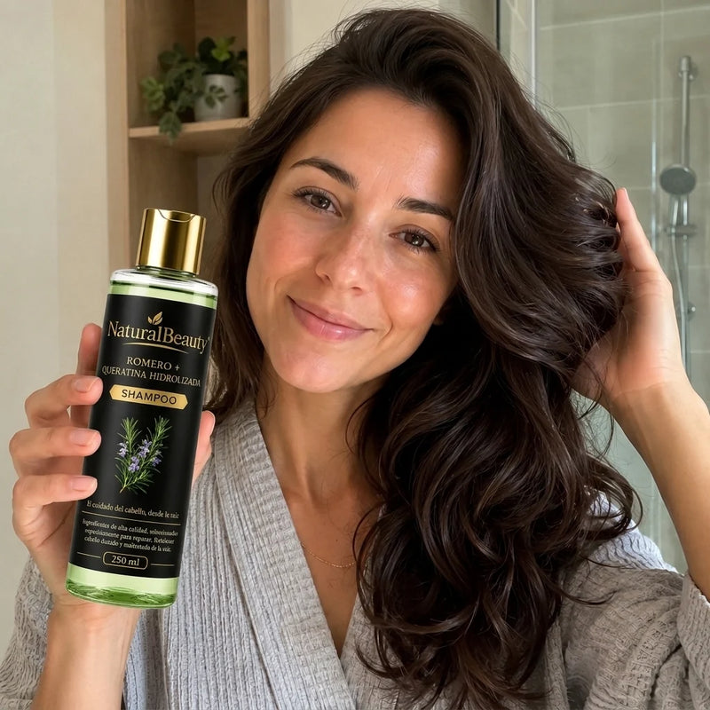 Mujer mostrando su cabello y el shampoo NaturalBeauty