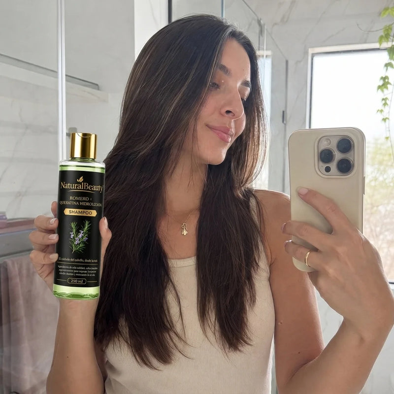 Mujer mostrando su cabello y el shampoo NaturalBeauty