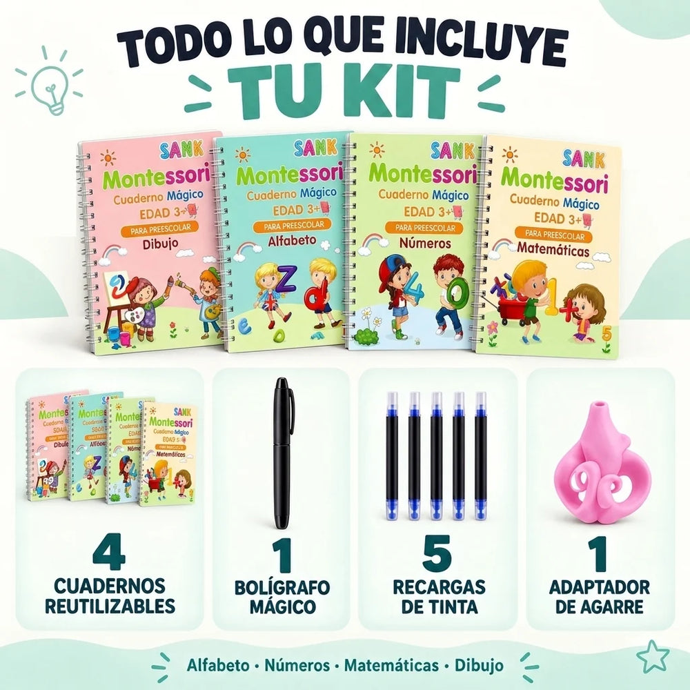 Todo lo que incluye tu kit: 4 cuadernos, 1 bolígrafo, 5 recargas y 1 adaptador de agarre