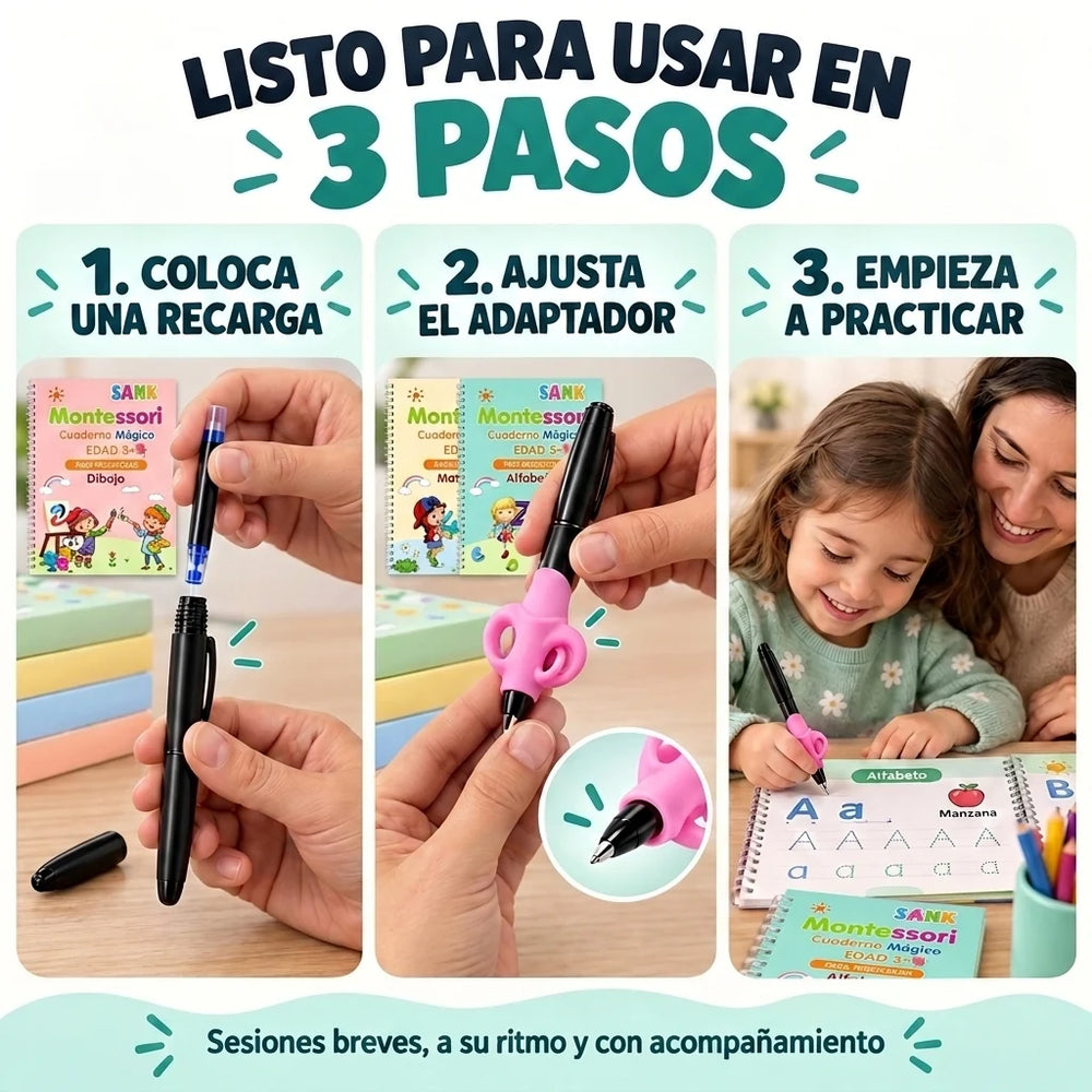 Listo para usar en 3 pasos: coloca una recarga, ajusta el adaptador y empieza a practicar