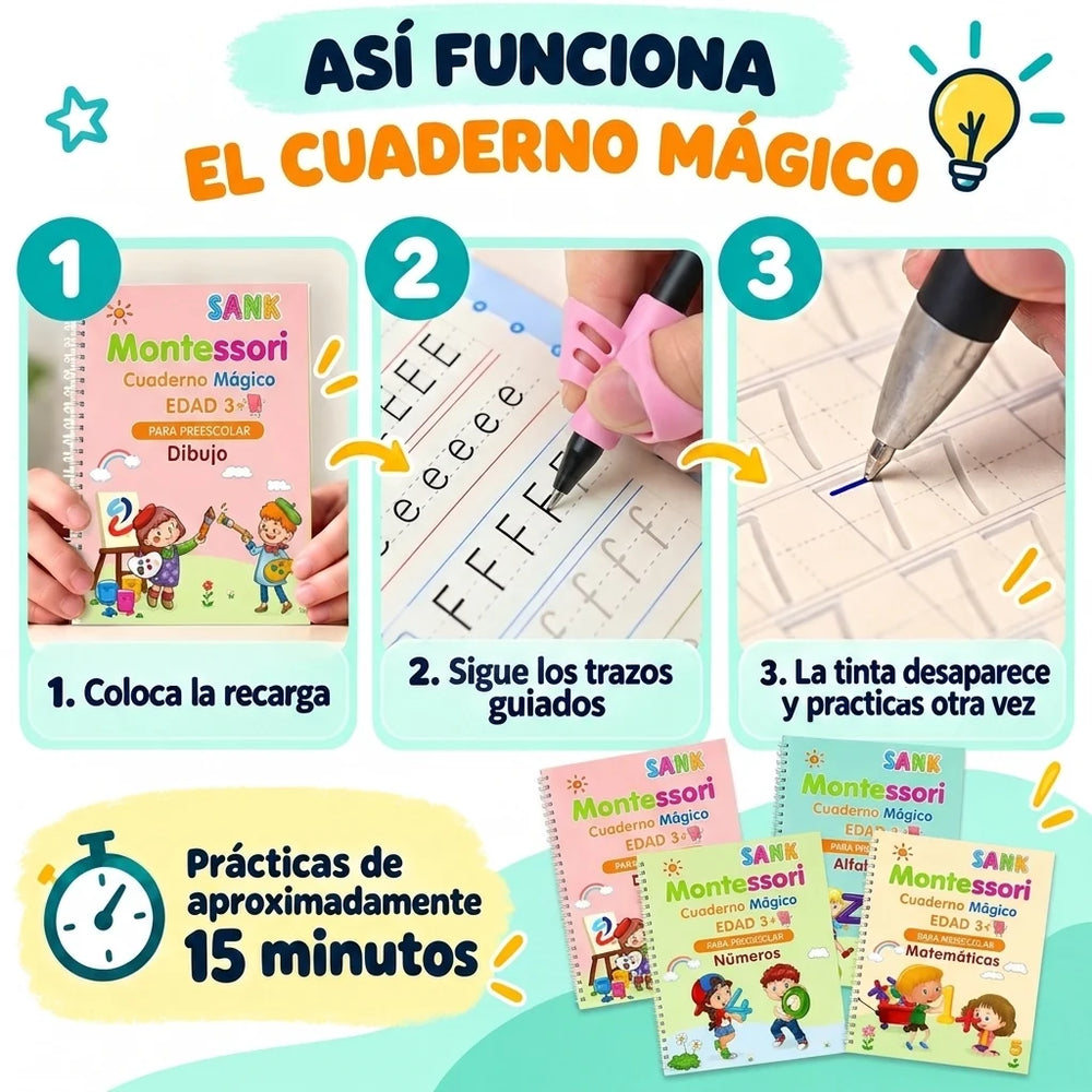 Así funciona el Cuaderno Mágico: coloca la recarga, sigue los trazos guiados y la tinta desaparece