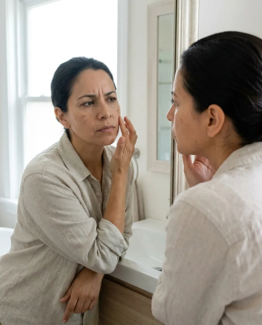 Mujer revisando las manchas de su rostro en el espejo