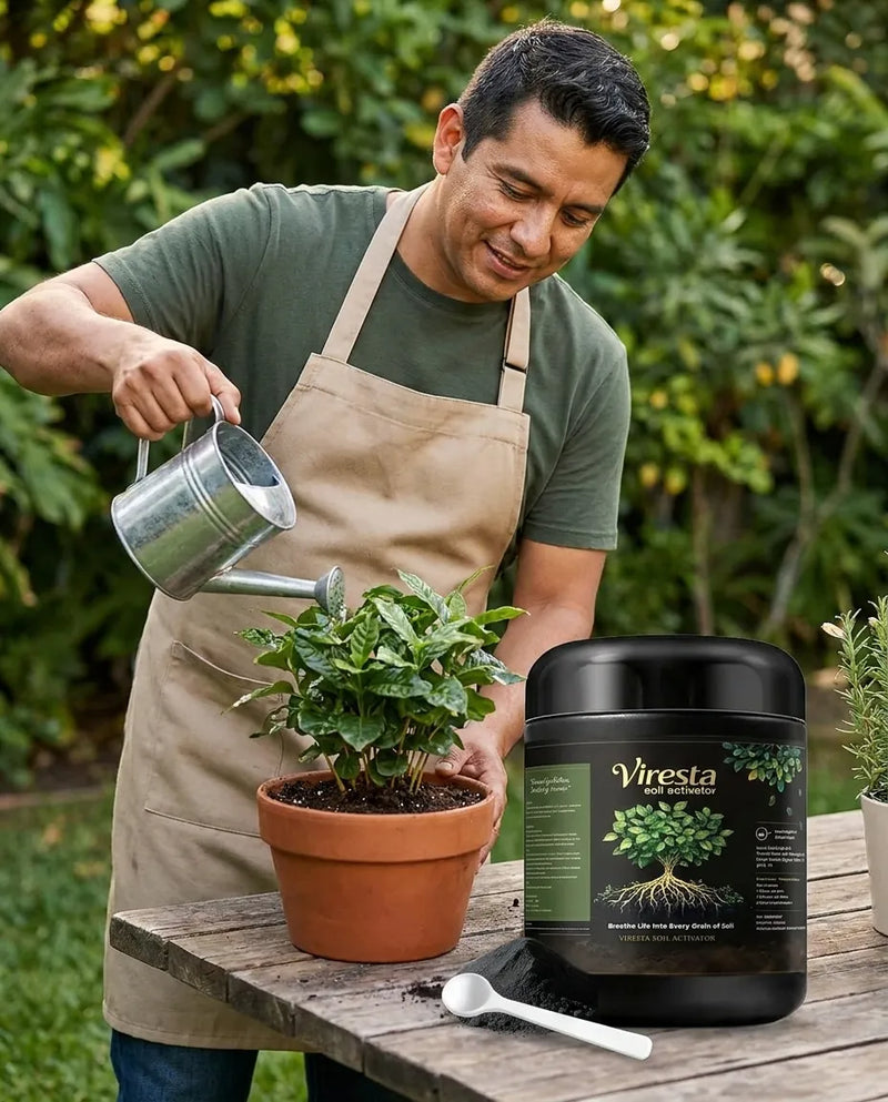 Persona regando una planta con la solución de Viresta